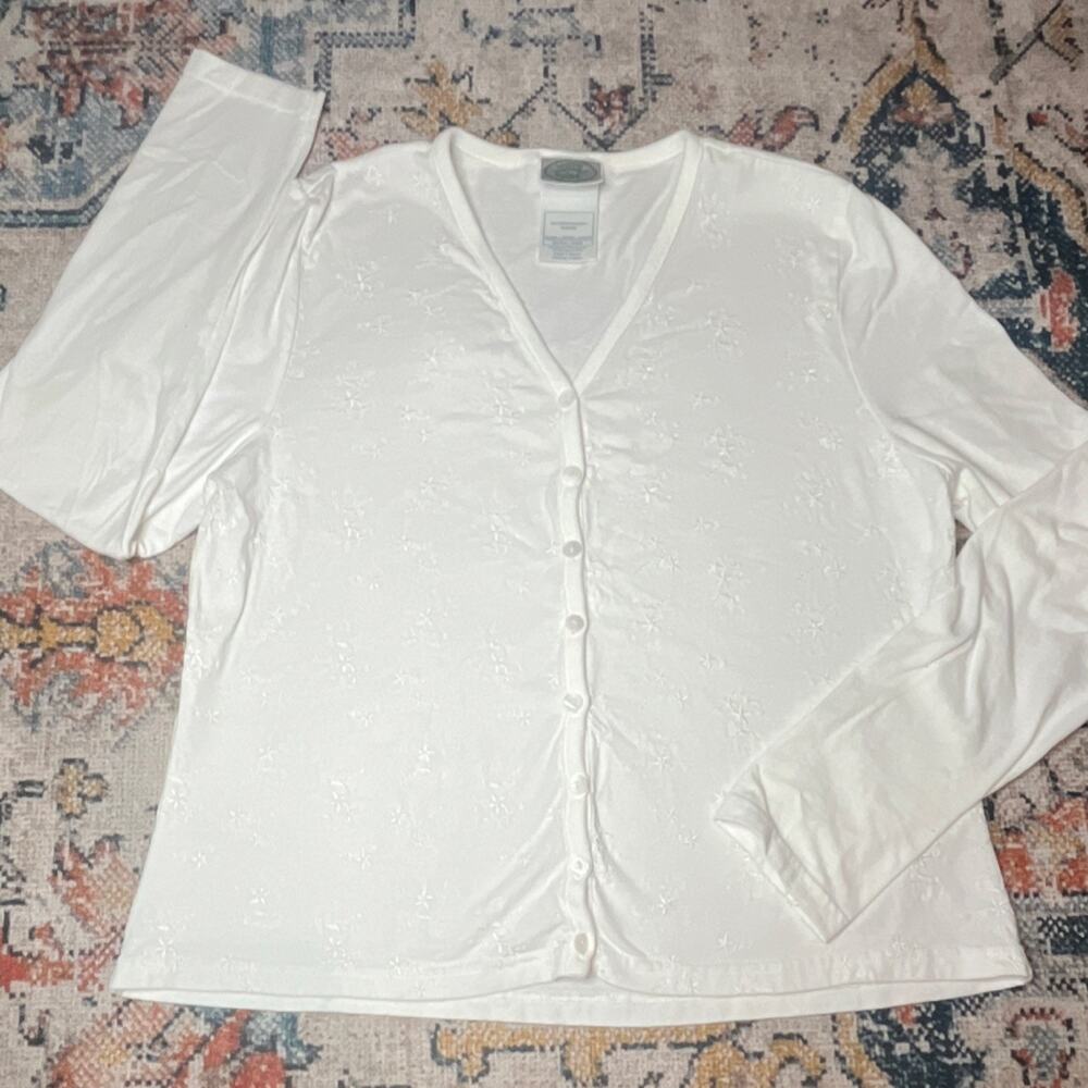 VTG Laura Ashley White Cotton Embroidered Floral Cardigan Top XL Cottage READ